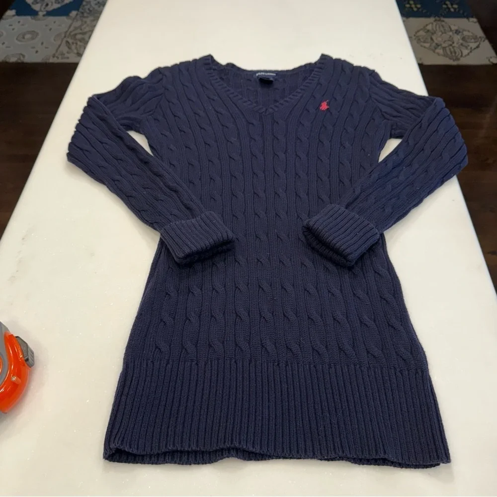 Ralph Lauren Girls Cable Knit Dress L/S Navy Blue V-Neck Sz L 12-14